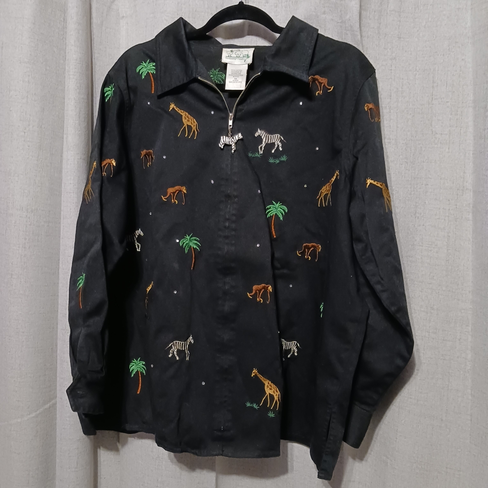 Vintage Embroidered Safari Animal Black Denim Shacket Size 1X